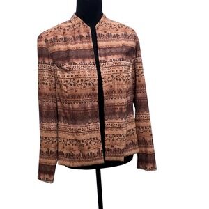 K Petite Brown Tribal Floral Print Open Front Blazer Jacket Womens 14P Earthy B2